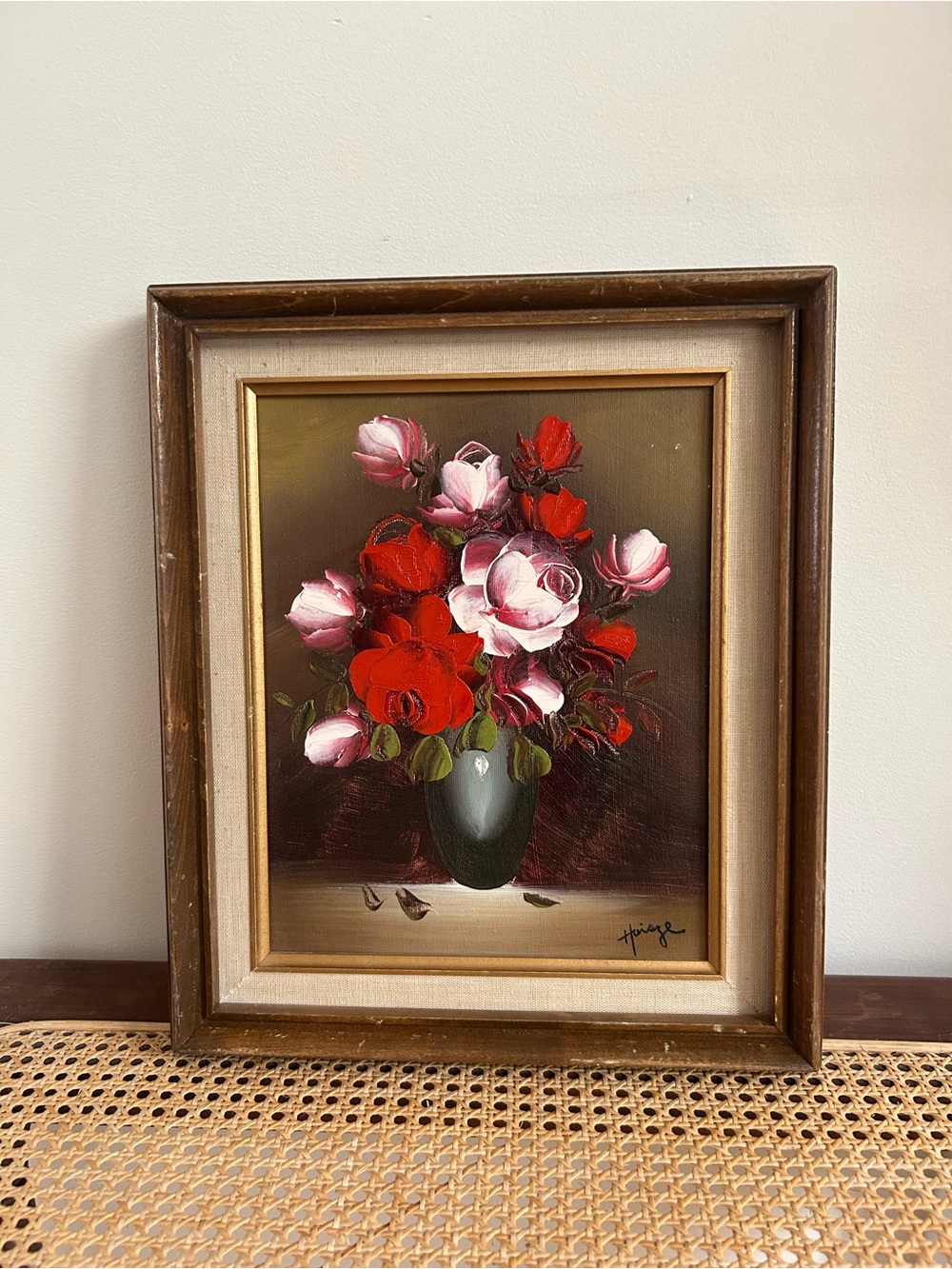 Vintage Original Oil Painting of Red and Pink Rose Bouquet